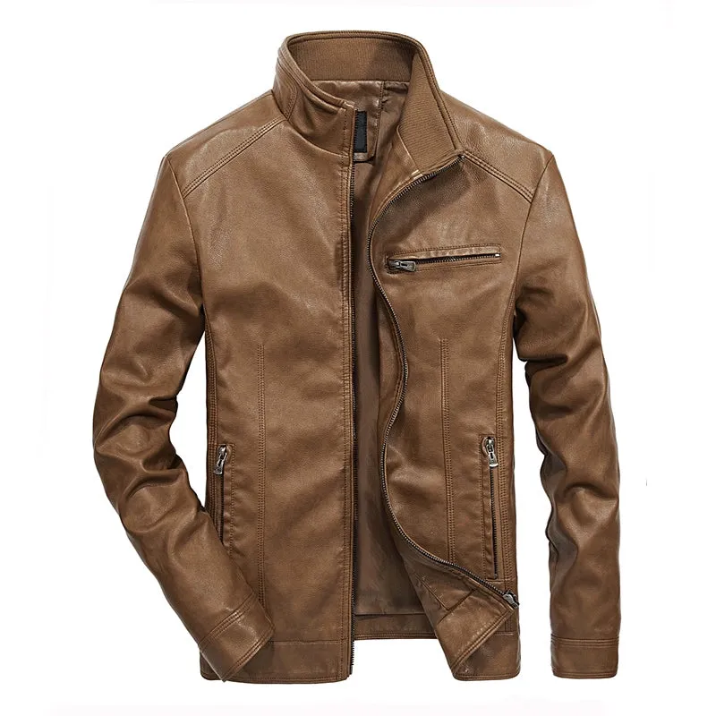 Spring Leisure Pure Color All-Matching Stand Collar Men's Leather Jacket