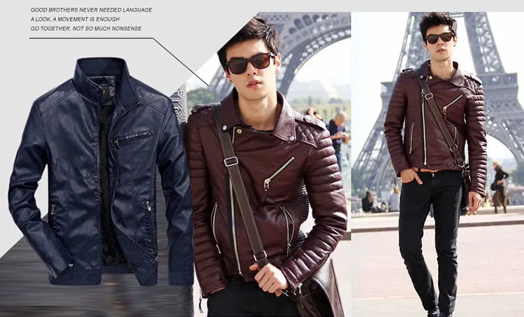 Spring Leisure Pure Color All-Matching Stand Collar Men's Leather Jacket