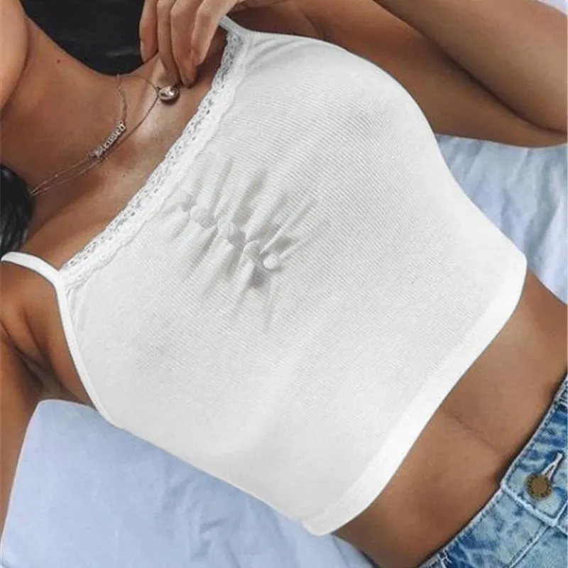 Streetwear Lace Patchwork Summer Solid White Tank Top Women Home Fashion Leisure Outfit Casual Crop Tops Kawaii Clothes