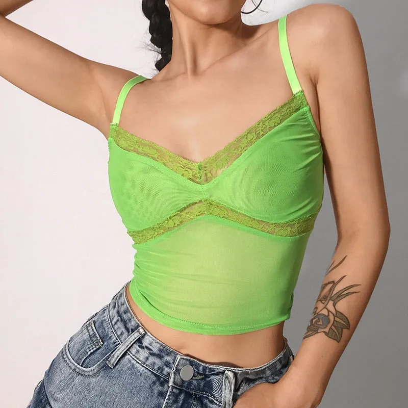 Summer Patchwork Lace Edge Green Mesh Tank Top Sexy Party Clubwear V Neck Rave Crop Top Sleeveless