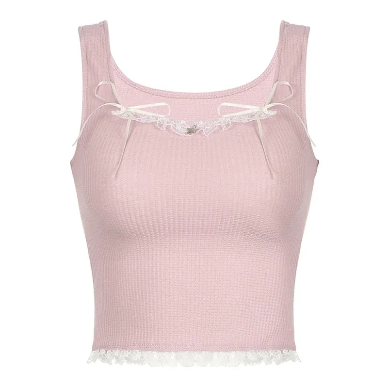 Sweet Pink Skinny Summer Crop Tops Vest Lace Trim Bow Short Korean Coquette Clothes Tank Tops Sleeveless Tee Outfits