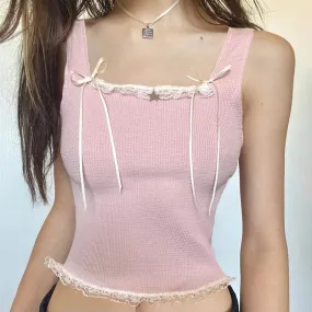 Sweet Pink Skinny Summer Crop Tops Vest Lace Trim Bow Short Korean Coquette Clothes Tank Tops Sleeveless Tee Outfits