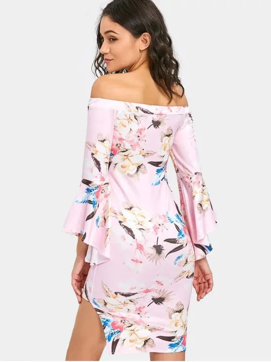 TastyHottie - Trendy Flare Sleeve Off The Shoulder Floral Dress