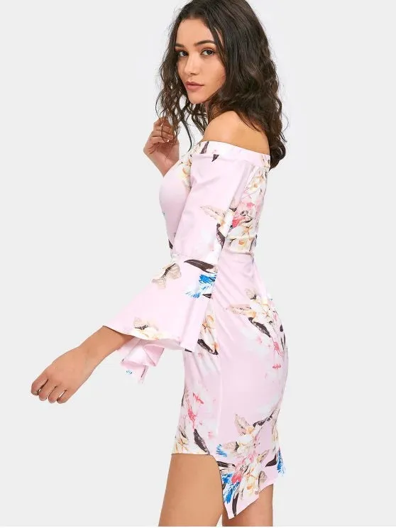 TastyHottie - Trendy Flare Sleeve Off The Shoulder Floral Dress