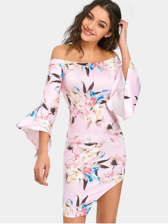 TastyHottie - Trendy Flare Sleeve Off The Shoulder Floral Dress