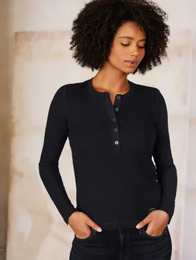 W Long-Sleeve Waffle Henley - Onyx Black