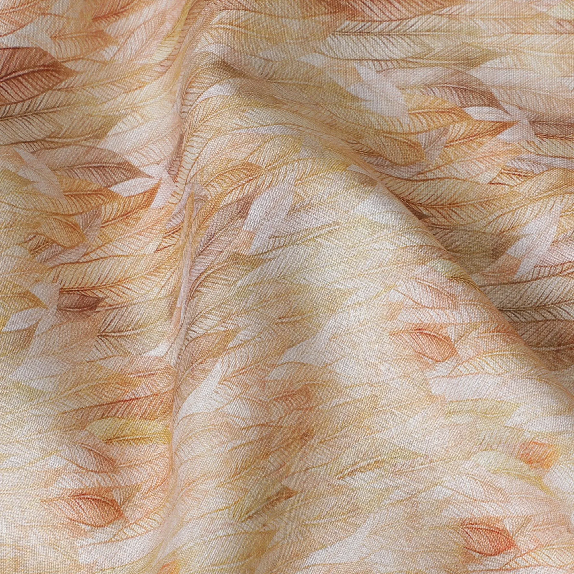 Warm Beige and Orange Feather Print Pure Linen Fabric - 150 cm Width-D20000