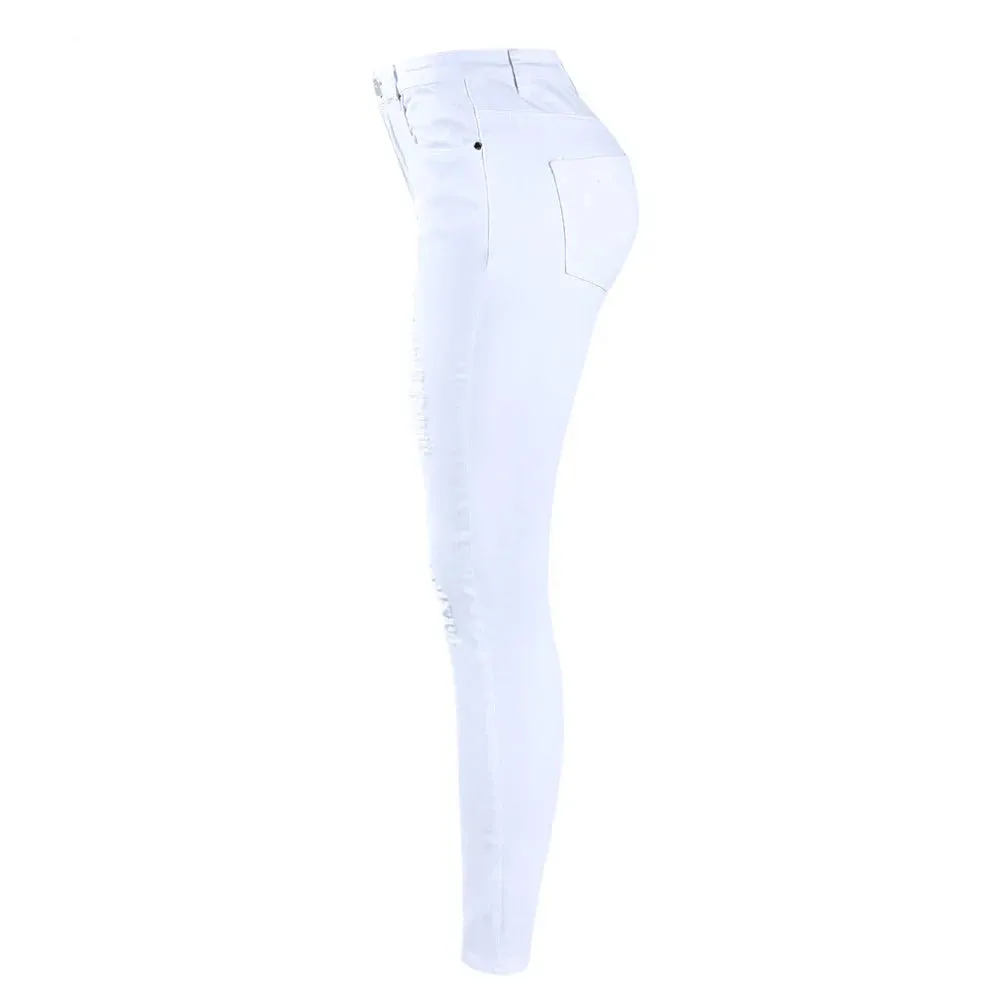 White Distressed Curvy Jeans Women Mid High Waist Stretch Denim Pants