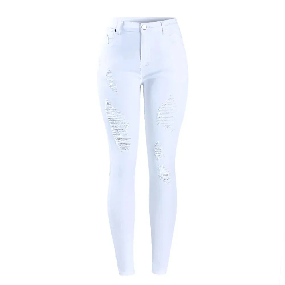 White Distressed Curvy Jeans Women Mid High Waist Stretch Denim Pants