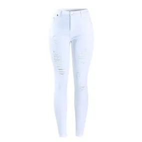 White Distressed Curvy Jeans Women Mid High Waist Stretch Denim Pants