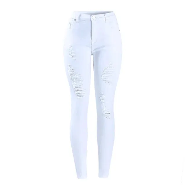 White Distressed Curvy Jeans Women Mid High Waist Stretch Denim Pants