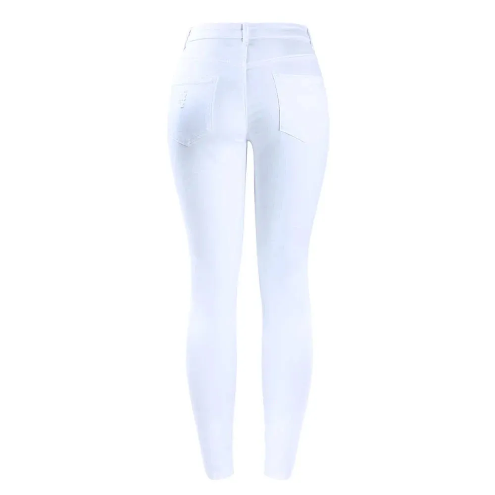 White Distressed Curvy Jeans Women Mid High Waist Stretch Denim Pants