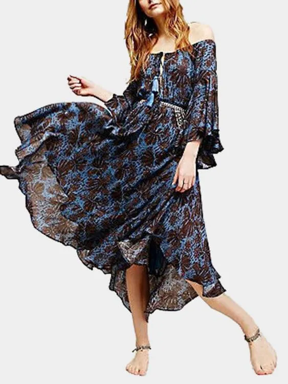 Wholesale Bateau Off The Shoulder Half Sleeve Floral Print Dresses