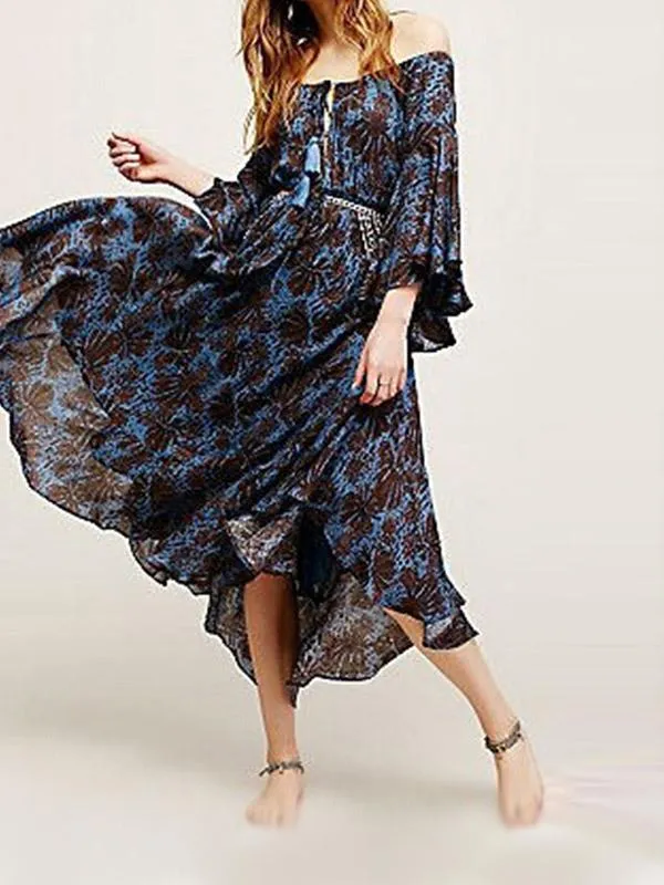 Wholesale Bateau Off The Shoulder Half Sleeve Floral Print Dresses