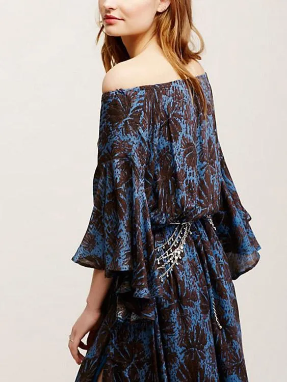 Wholesale Bateau Off The Shoulder Half Sleeve Floral Print Dresses