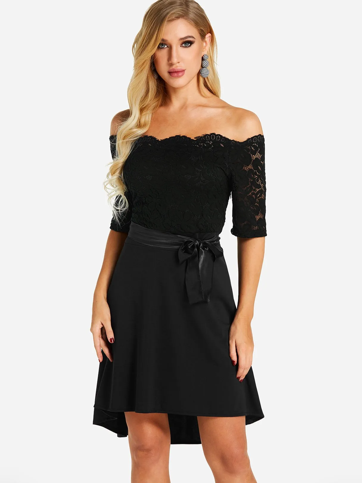 Wholesale Black Off The Shoulder Half Sleeve Plain Lace Backless Self-Tie Dresses