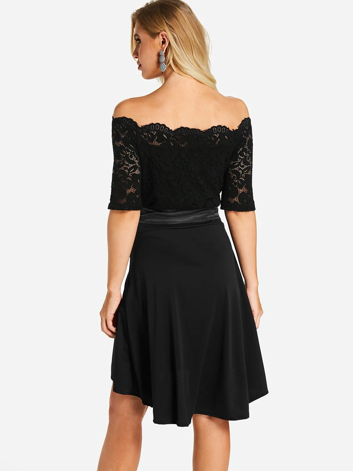 Wholesale Black Off The Shoulder Half Sleeve Plain Lace Backless Self-Tie Dresses