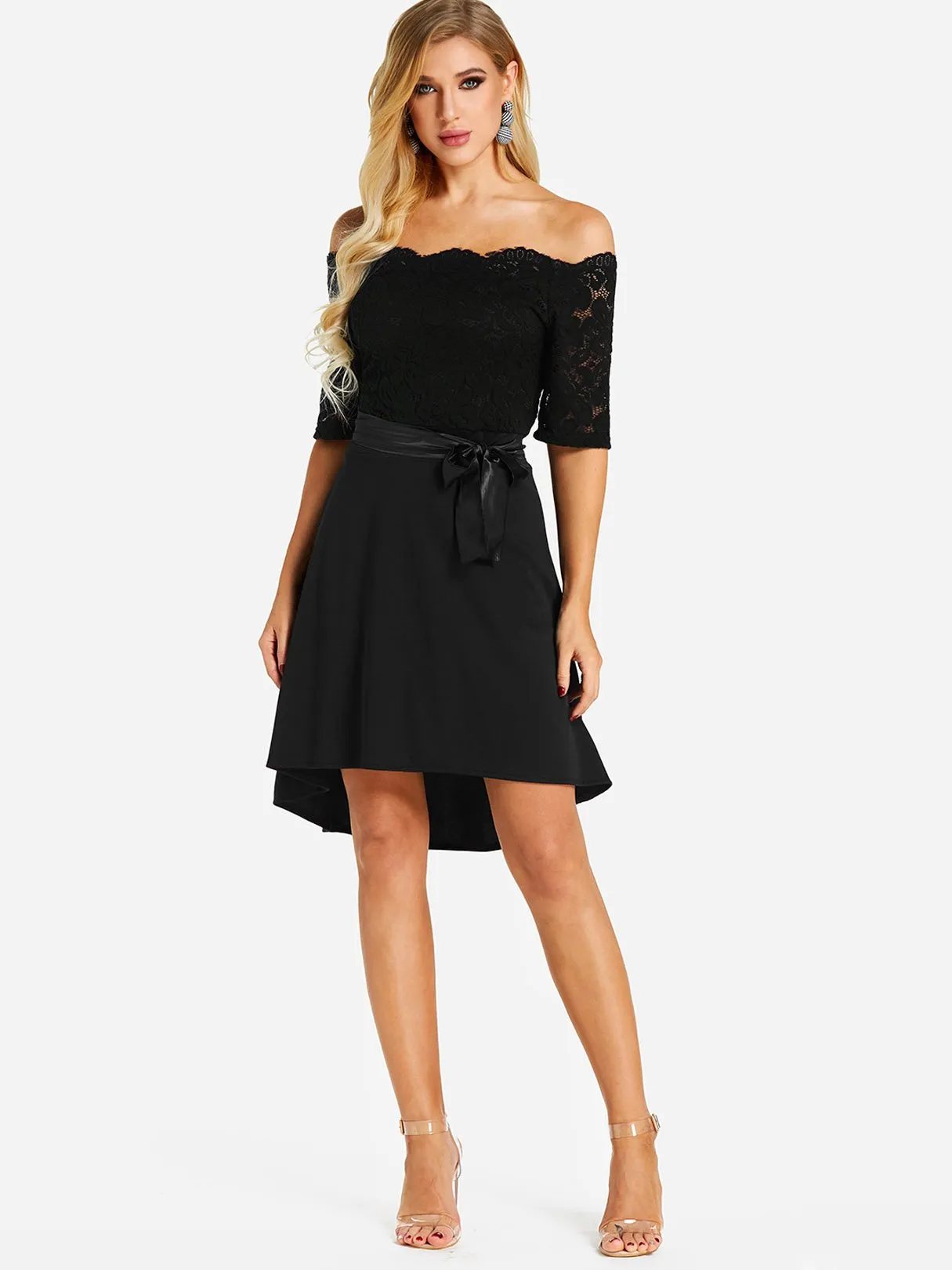 Wholesale Black Off The Shoulder Half Sleeve Plain Lace Backless Self-Tie Dresses