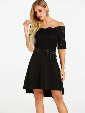 Wholesale Black Off The Shoulder Half Sleeve Plain Lace Backless Self-Tie Dresses