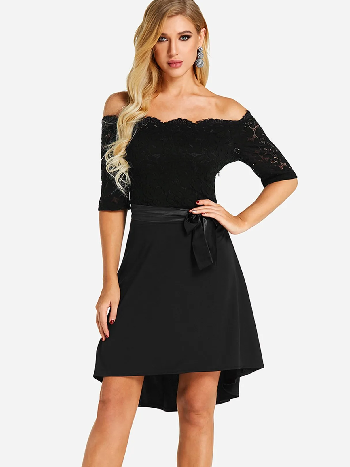 Wholesale Black Off The Shoulder Half Sleeve Plain Lace Backless Self-Tie Dresses