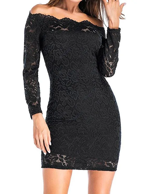 Wholesale Black Off The Shoulder Long Sleeve Lace Bodycon Dress