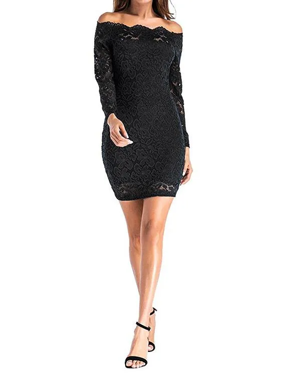 Wholesale Black Off The Shoulder Long Sleeve Lace Bodycon Dress