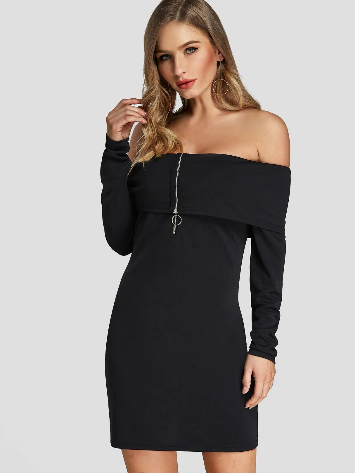 Wholesale Black Off The Shoulder Long Sleeve Plain Zip Back Dresses