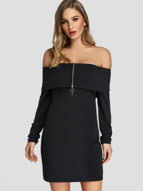 Wholesale Black Off The Shoulder Long Sleeve Plain Zip Back Dresses