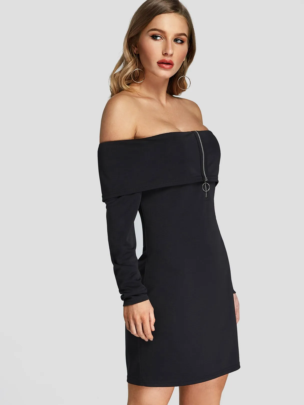 Wholesale Black Off The Shoulder Long Sleeve Plain Zip Back Dresses