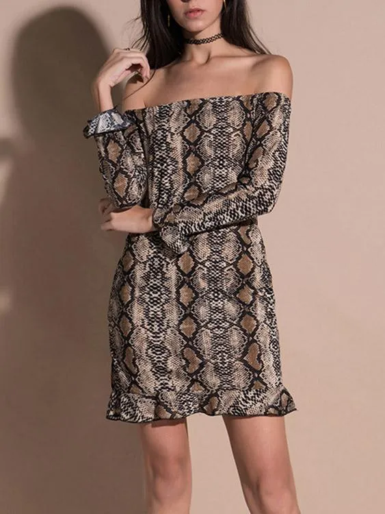 Wholesale Black Off The Shoulder Long Sleeve Snake Flounced Hem Dresses