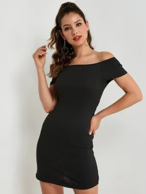 Wholesale Black Off The Shoulder Short Sleeve Plain Backless Cut Out Dresses