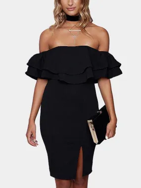 Wholesale Black Off The Shoulder Short Sleeve Zip Back Bodycon Hem Dresses