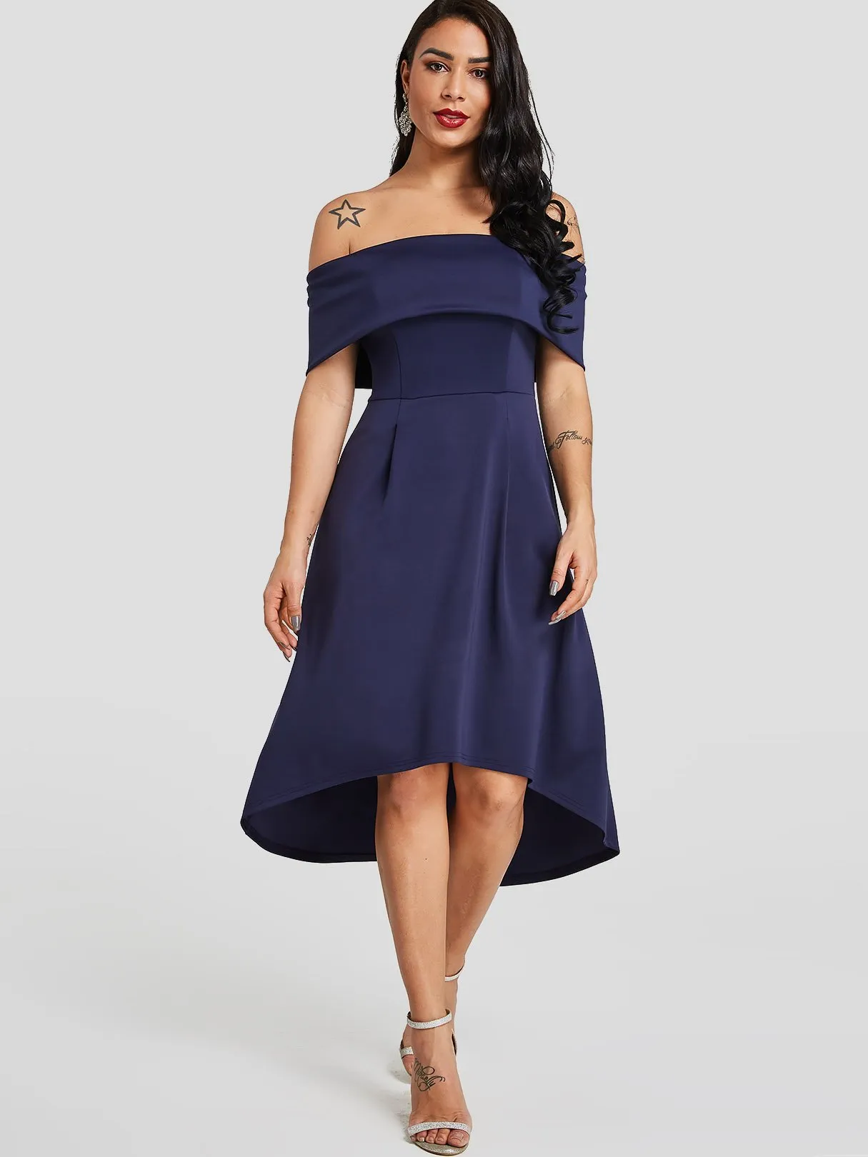 Wholesale Dark Blue Off The Shoulder Short Sleeve Plain Backless Dresses