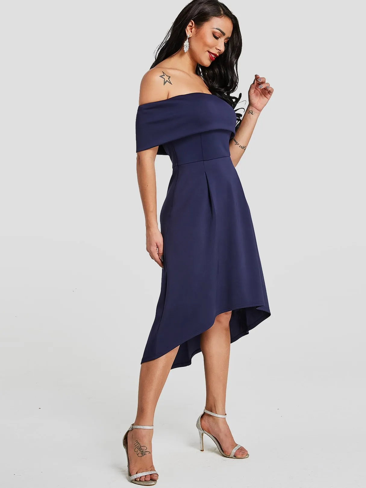 Wholesale Dark Blue Off The Shoulder Short Sleeve Plain Backless Dresses