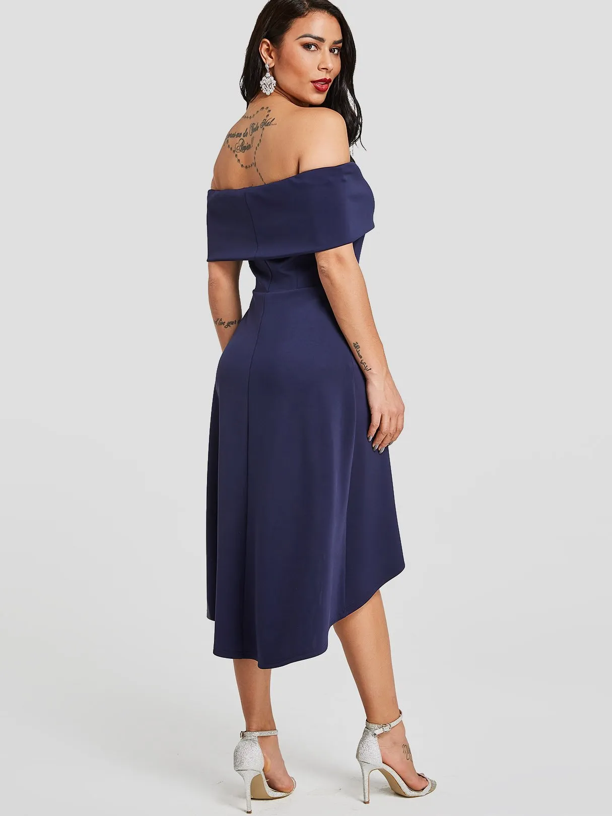 Wholesale Dark Blue Off The Shoulder Short Sleeve Plain Backless Dresses