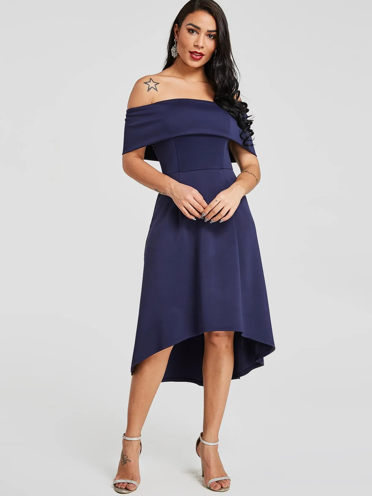 Wholesale Dark Blue Off The Shoulder Short Sleeve Plain Backless Dresses