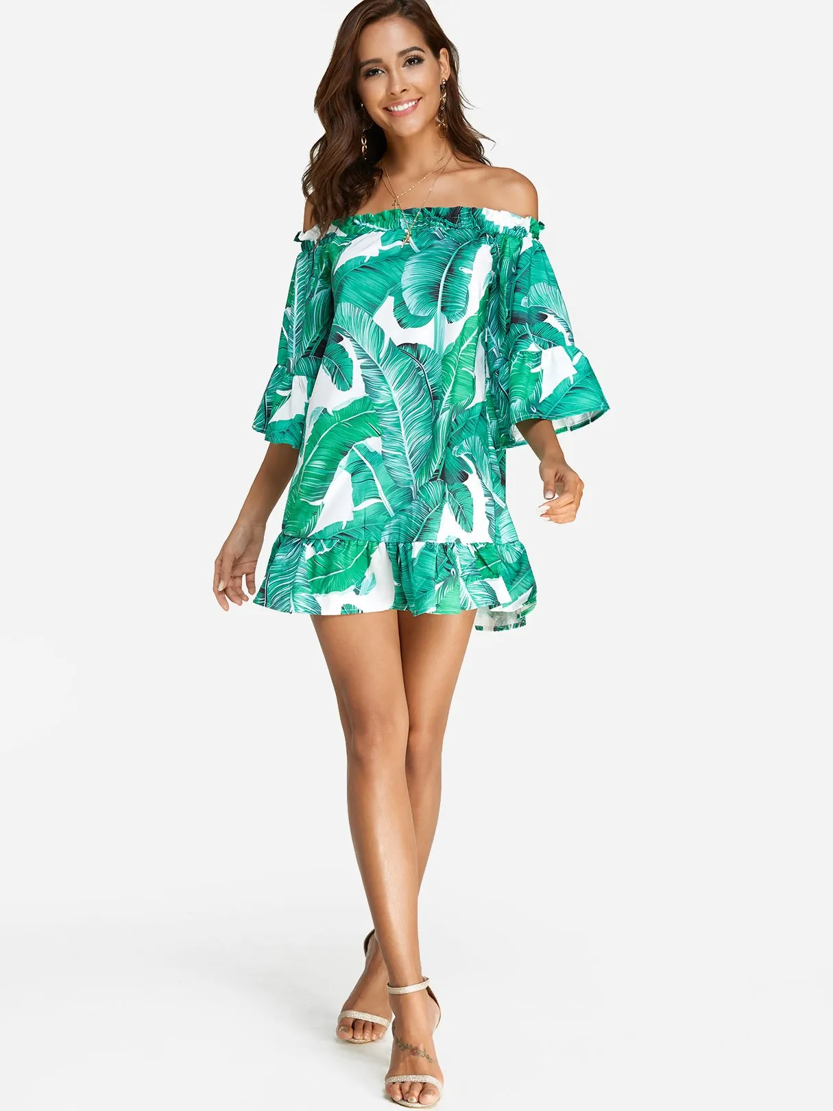 Wholesale Green Off The Shoulder 3/4 Sleeve Length Floral Print Backless Flounced Hem Dresses