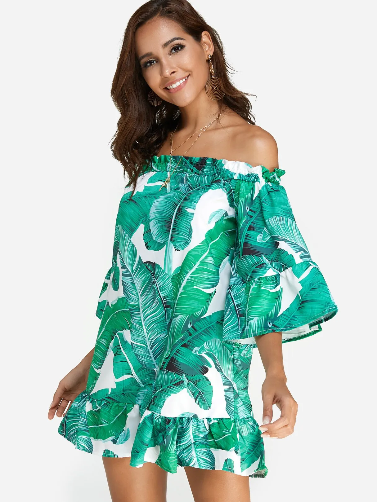 Wholesale Green Off The Shoulder 3/4 Sleeve Length Floral Print Backless Flounced Hem Dresses