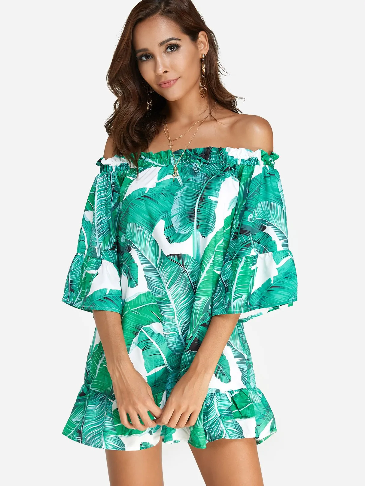 Wholesale Green Off The Shoulder 3/4 Sleeve Length Floral Print Backless Flounced Hem Dresses