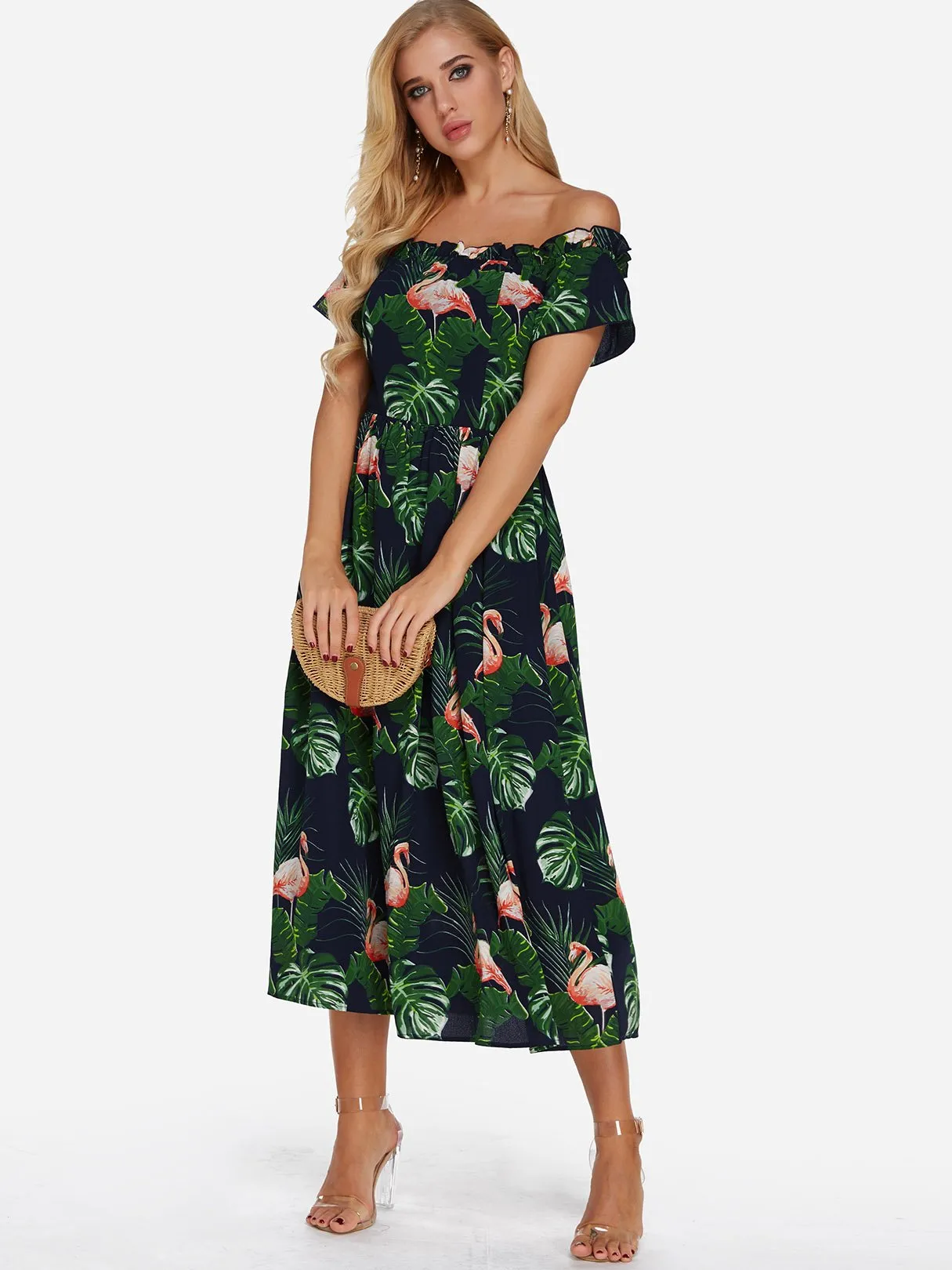 Wholesale Green Off The Shoulder Short Sleeve Printed Zip Back Dresses