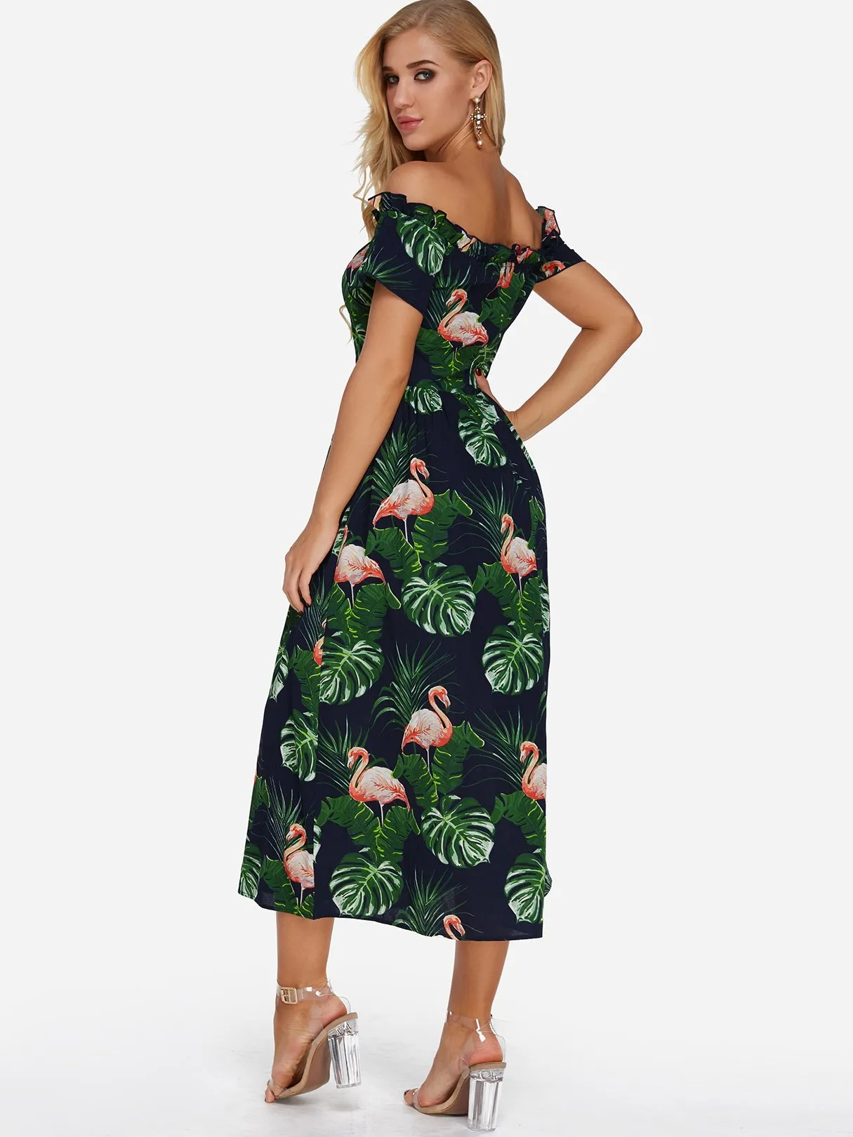 Wholesale Green Off The Shoulder Short Sleeve Printed Zip Back Dresses