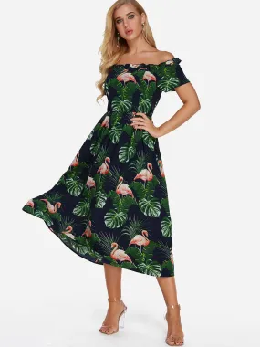 Wholesale Green Off The Shoulder Short Sleeve Printed Zip Back Dresses