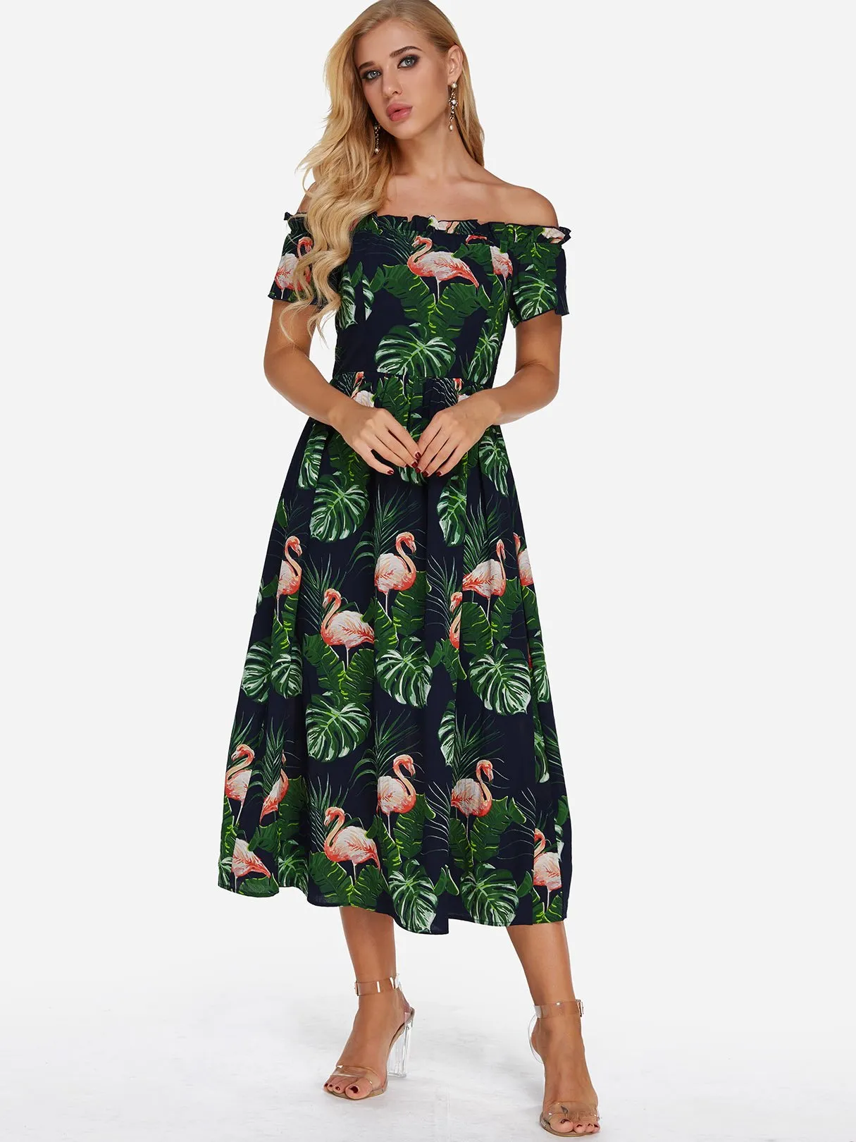 Wholesale Green Off The Shoulder Short Sleeve Printed Zip Back Dresses