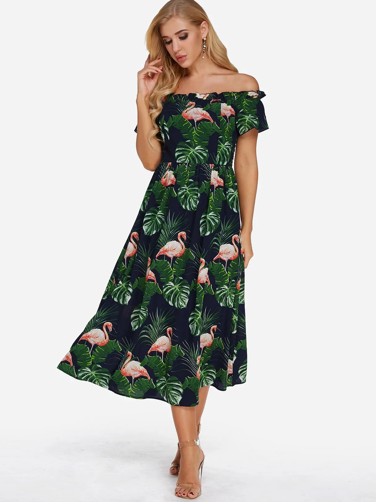 Wholesale Green Off The Shoulder Short Sleeve Printed Zip Back Dresses