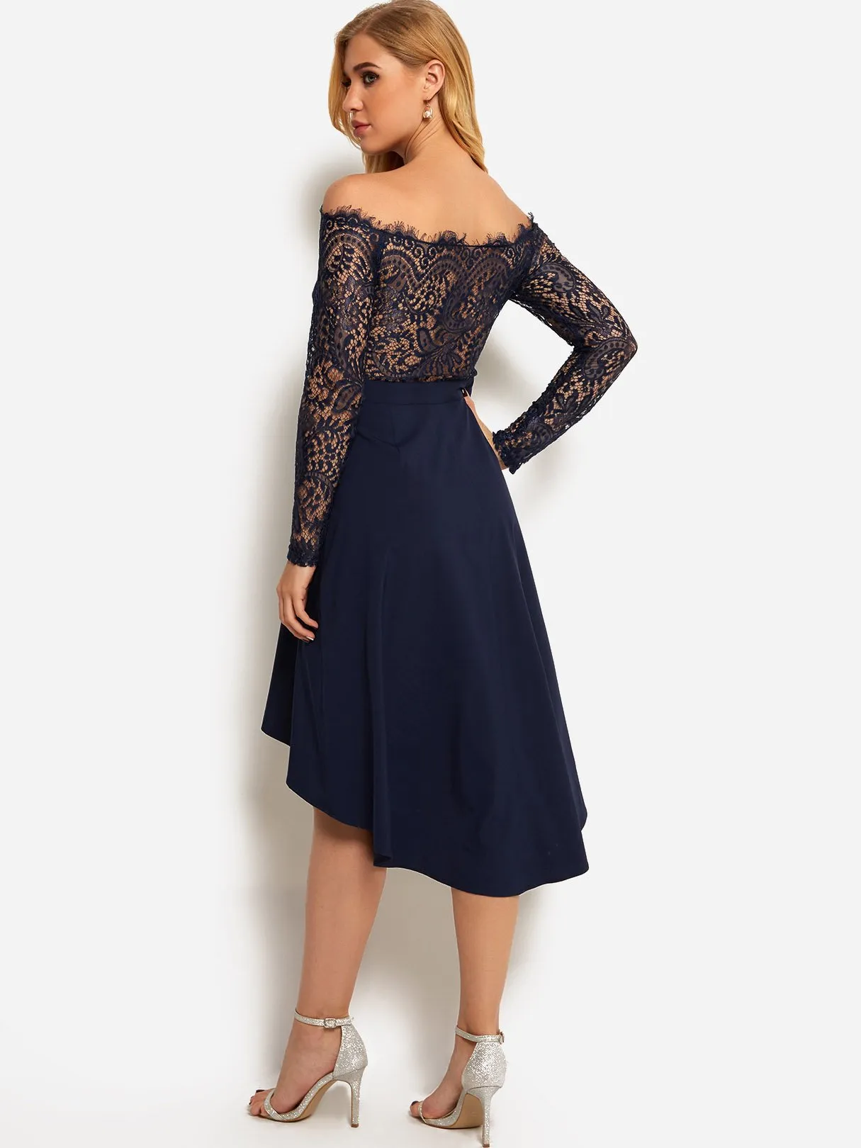 Wholesale Navy Off The Shoulder Long Sleeve Lace Irregular Hem Dresses