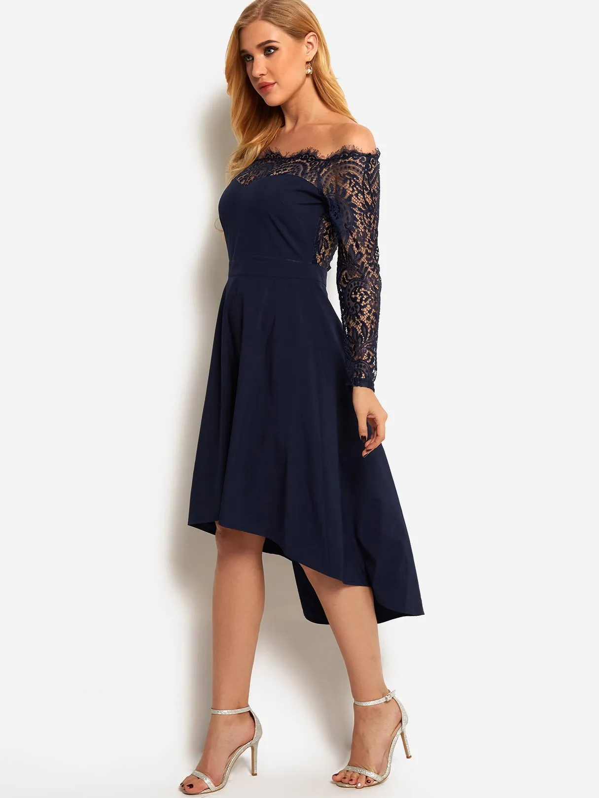 Wholesale Navy Off The Shoulder Long Sleeve Lace Irregular Hem Dresses