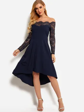 Wholesale Navy Off The Shoulder Long Sleeve Lace Irregular Hem Dresses