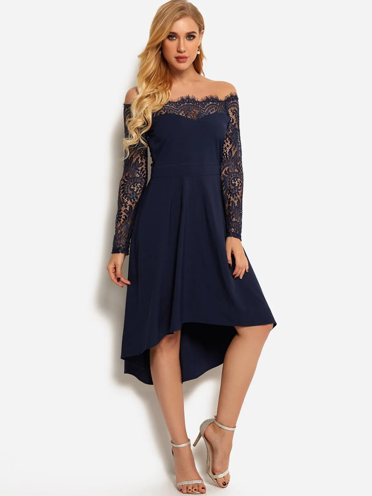 Wholesale Navy Off The Shoulder Long Sleeve Lace Irregular Hem Dresses