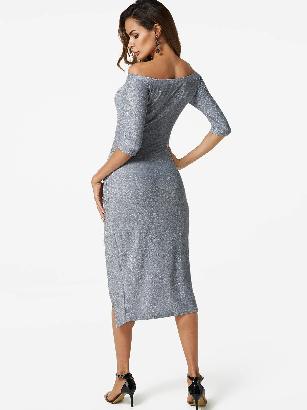 Wholesale Off The Shoulder 3/4 Length Sleeve Slit Hem Grey Dresses