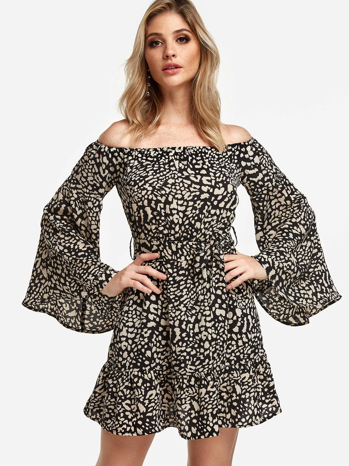 Wholesale Off The Shoulder Long Sleeve Leopard Self-Tie Ruffle Hem Dresses